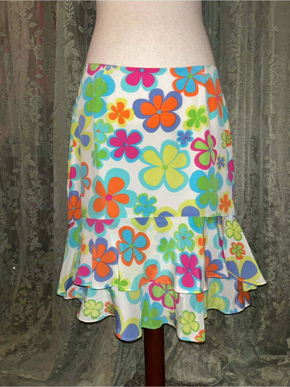 100% Silk Sunny Leigh 70s Hippie Style Floral Ruffle Hem Midi Skirt - Multicolor